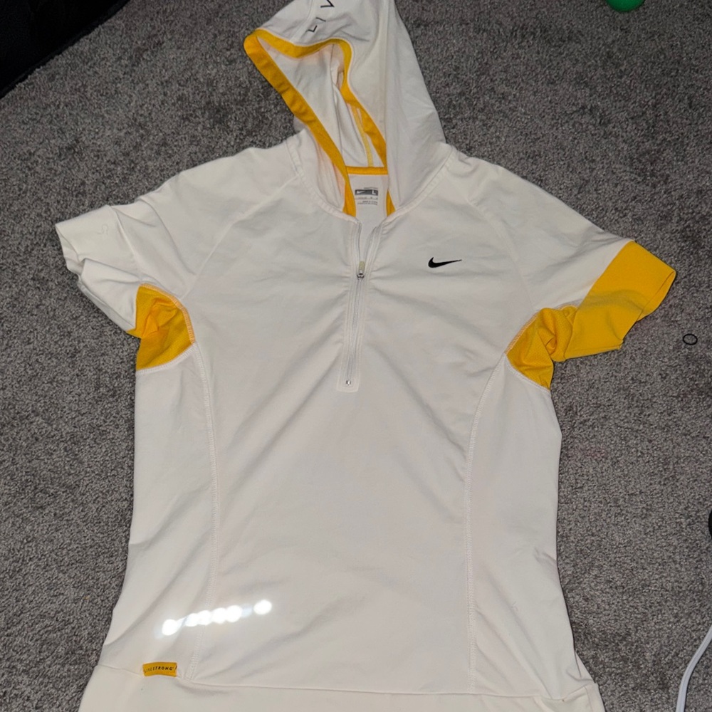 Nike White Hooded Short Sleeve Athletic Top with Yellow Accents